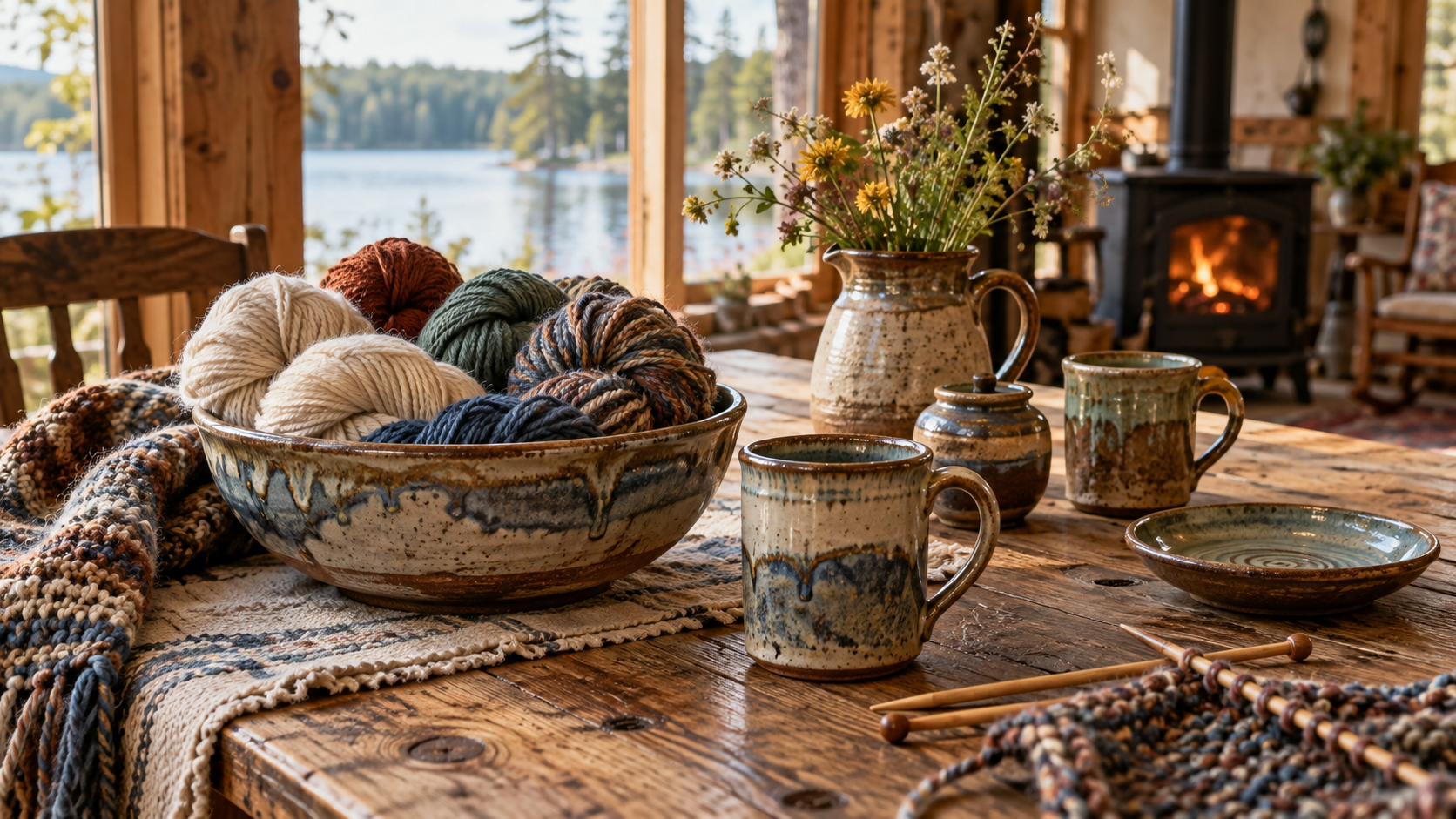 Yarn, ceramics, and hand carved crafts.