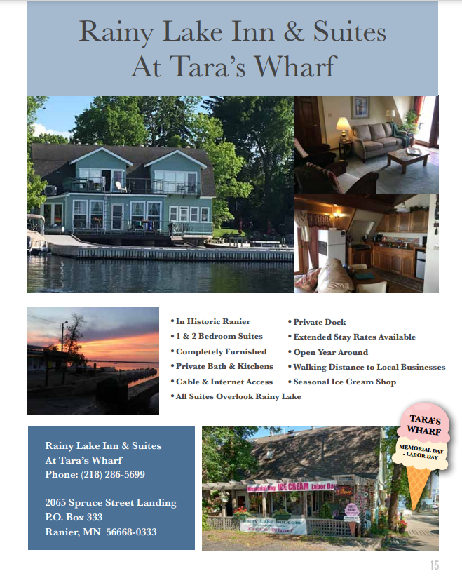 Rainy Lake Inn and Suites at Tara’s Wharf brochure showing the lakefront inn, furnished suites, sunset, amenities, and seasonal ice cream shop